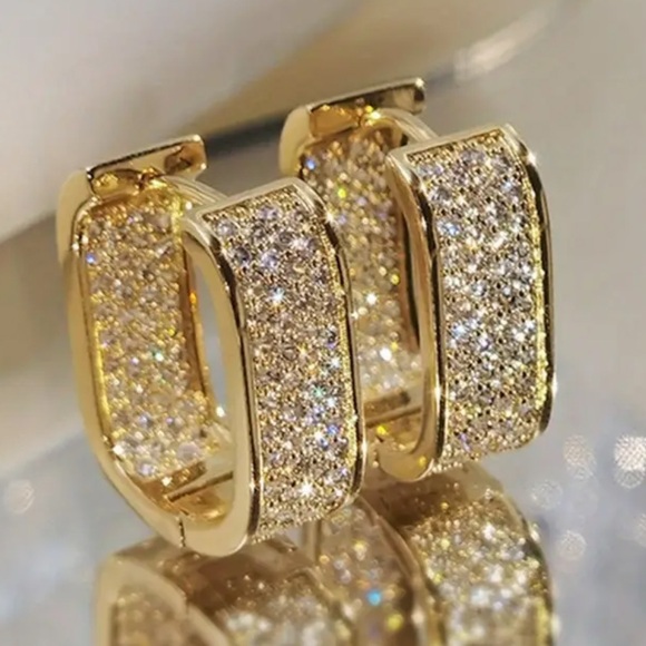 Simulated diamonds cluster pave beautiful, bridal huggie hoop gold tone earrings - Picture 4 of 5